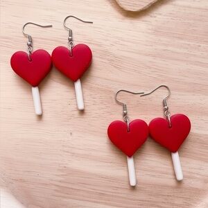 Heart Lollipop Dangle - Handmade Earrings - Red